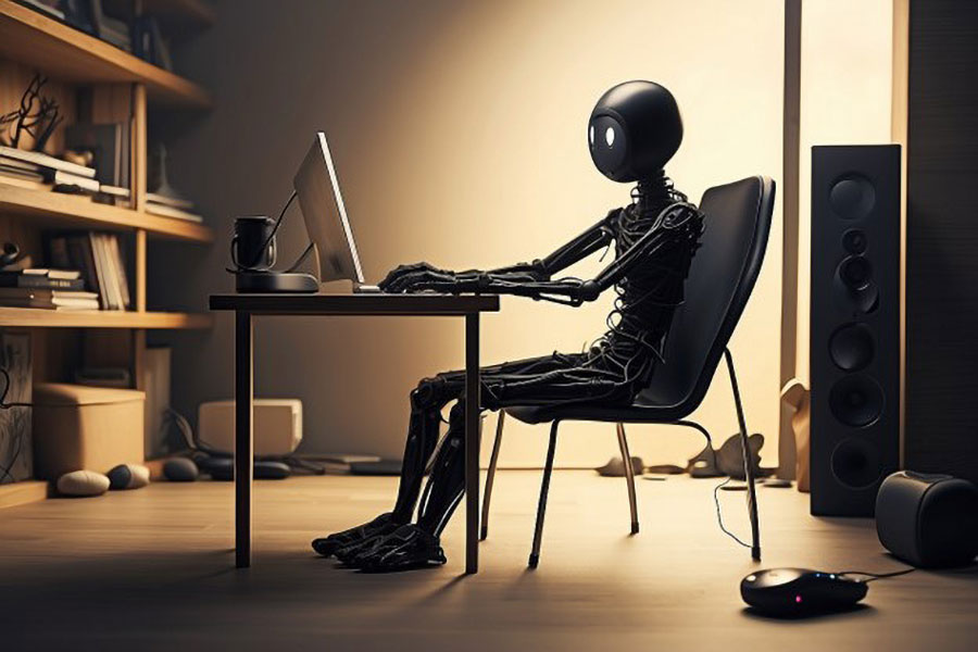 a stickman leaning on back holding a controller while playing with pc. this is how to sit while playing video games.