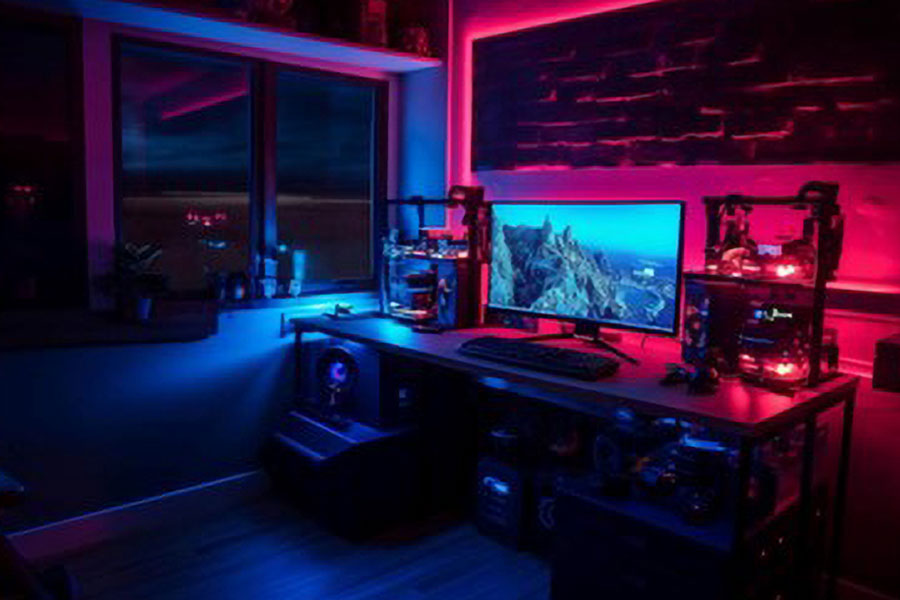 a compact gaming room with various equipment such as tv, pc setup, lights and posters. Using the most space in an efficient way is a great gaming room ideas for small rooms.