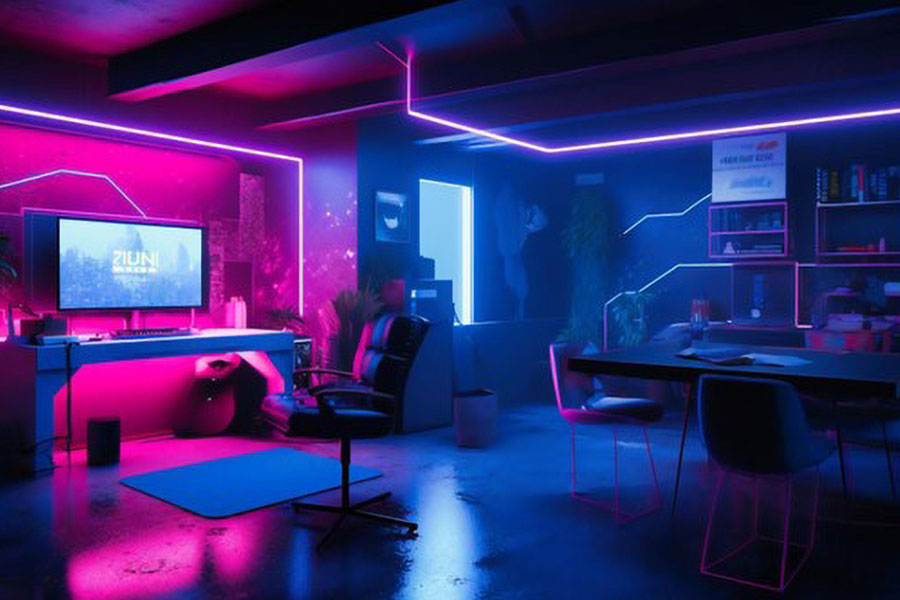 picture of a great wall decor for gaming room with many equipment such as neon lights and posters.