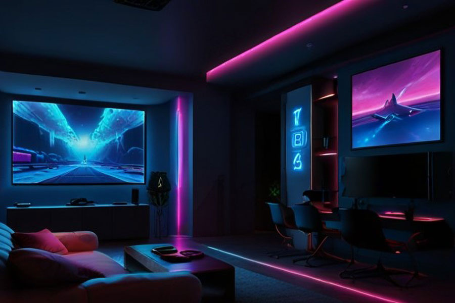 Picture of a gaming equipped with a pc, gaming console, tvs and of course using best color for gaming room walls.