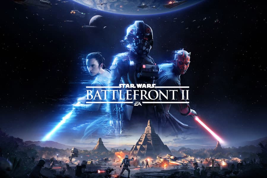 The Official Picture of Star Wars Battlefront II with three of its characters, One of best multiplayer war games for ps5.