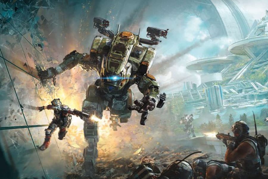 The Official Picture of Titanfall 2 with its main characters and his titan, One of best multiplayer war games for ps5.