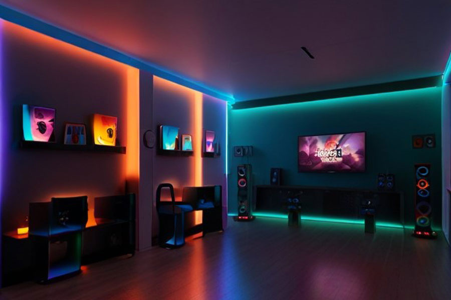 a gaming room equipped with various RGB coloring on the walls, pcs, tv and sound systems. the colors used in the picture are the best color for gaming room walls