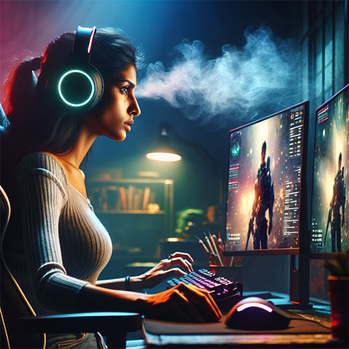 picture of a gamer girl in front of her pc using second monitor while gaming