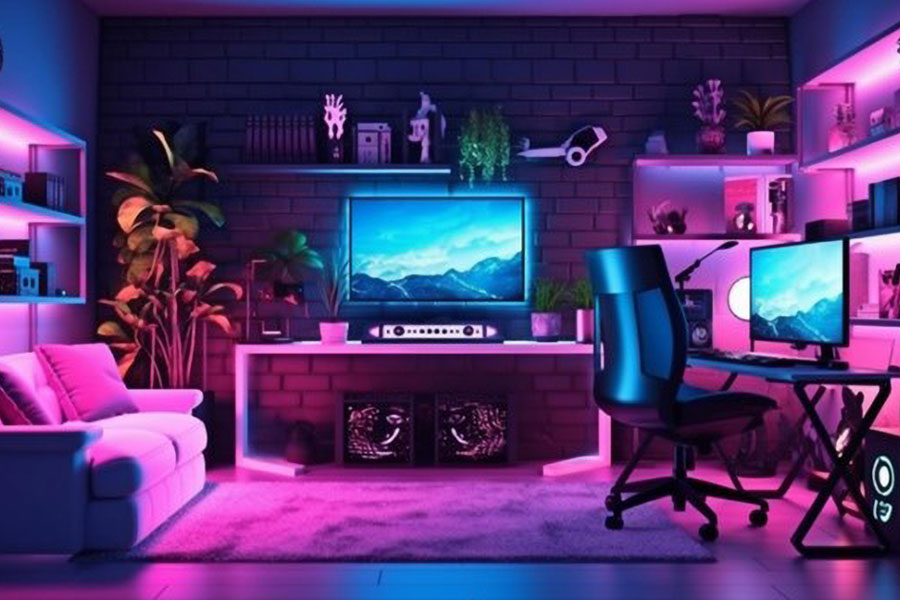 a room with wall decor for gaming room using posters, signs, and gaming equipment.