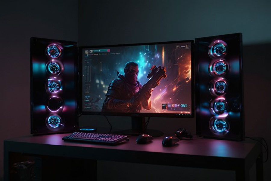 a Pc gaming setup that uses light blue coloring around the desktop. it requires such precision to choose the best color for gaming room walls