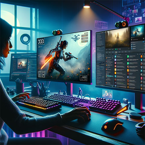 picture of girl in front of her pc setup with dual monitors