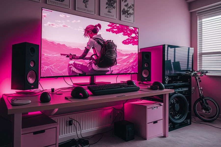 a small gaming room filled with many equipment such as a gaming chair, pc setup, tvs and action figures.