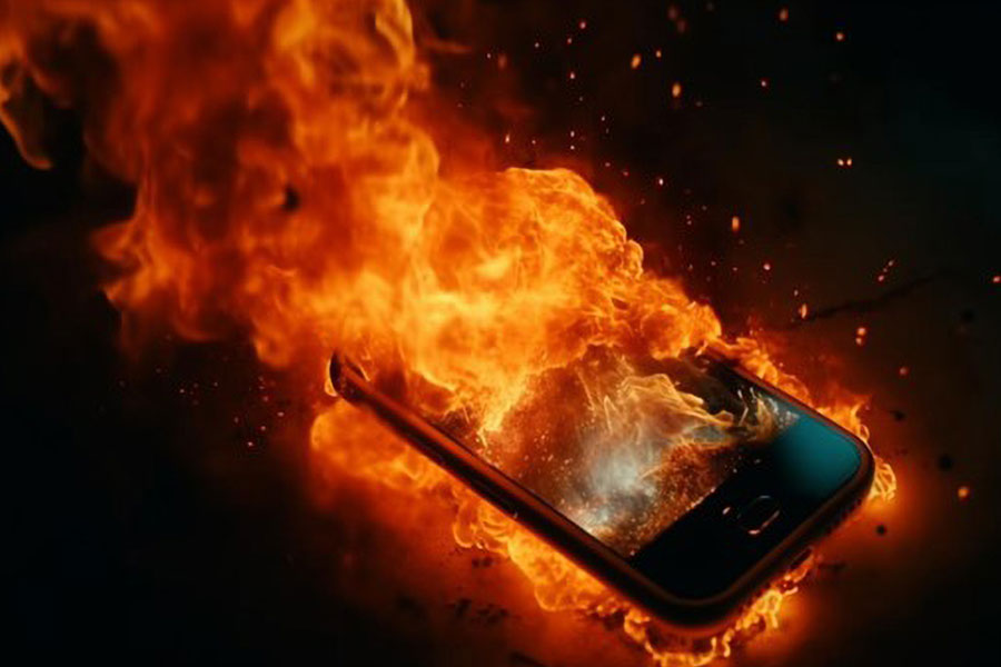 a phone burning and shattered.