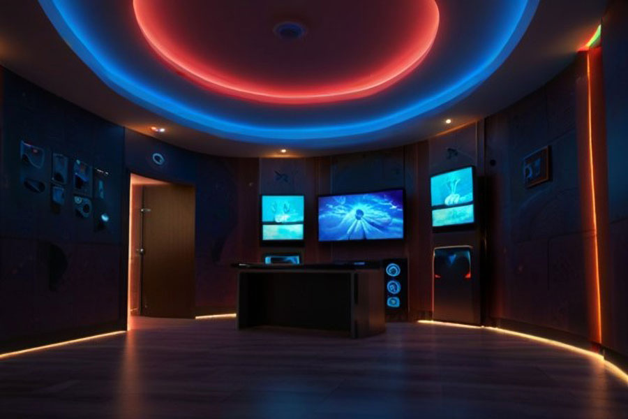 a gaming room with various light colors that creates a chill atmosphere. you should always consider your own mood to choose the best color for gaming room walls.