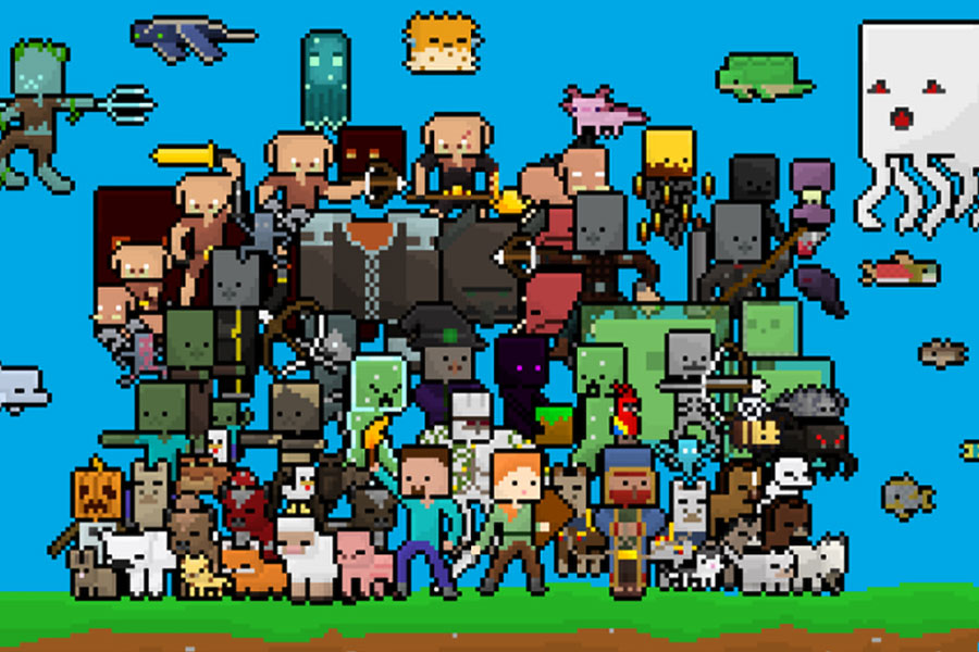 picture of every playable and non playable character from minecraft, a most played game in 2024.