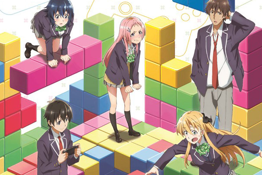 Picture of The main characters of Gamers! in a tetris like world, one of the best anime for gamers.