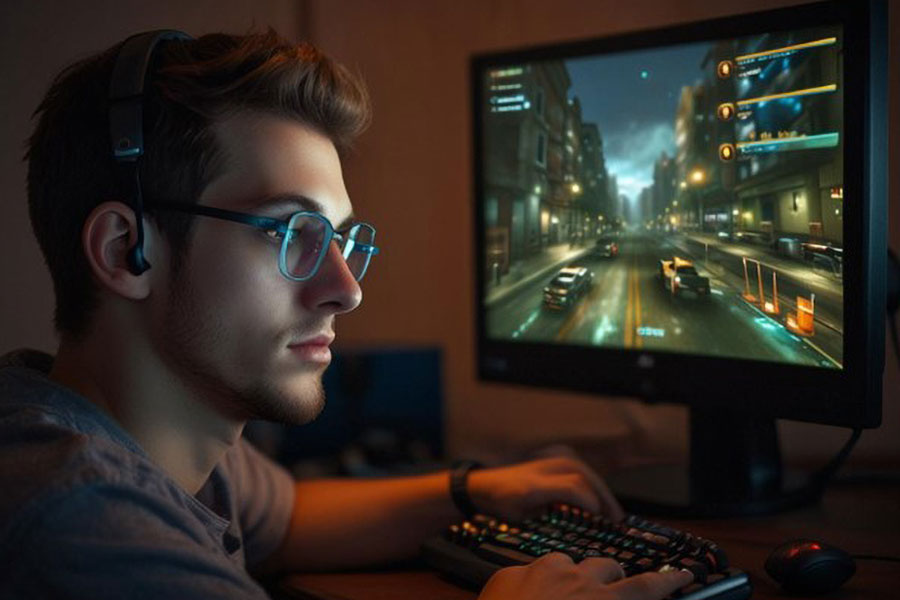 picture of a pc gamer using glasses, experiencing eye strain while gaming