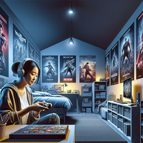 a gamer girl in her room playing games.