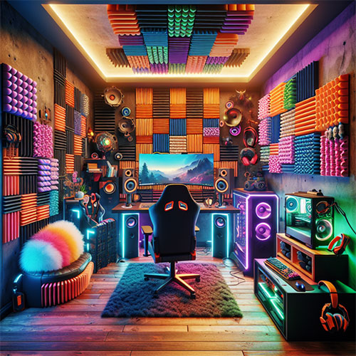 a Soundproof Gaming Room using acoustic foams in all kind of shapes and colors