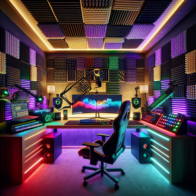 a full Soundproof Gaming Room with multiple panels and pad, using rgb coloring and organized setup