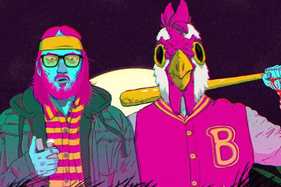 a picture showcasing two characters of hotline miami,  one of the world’s hardest games.