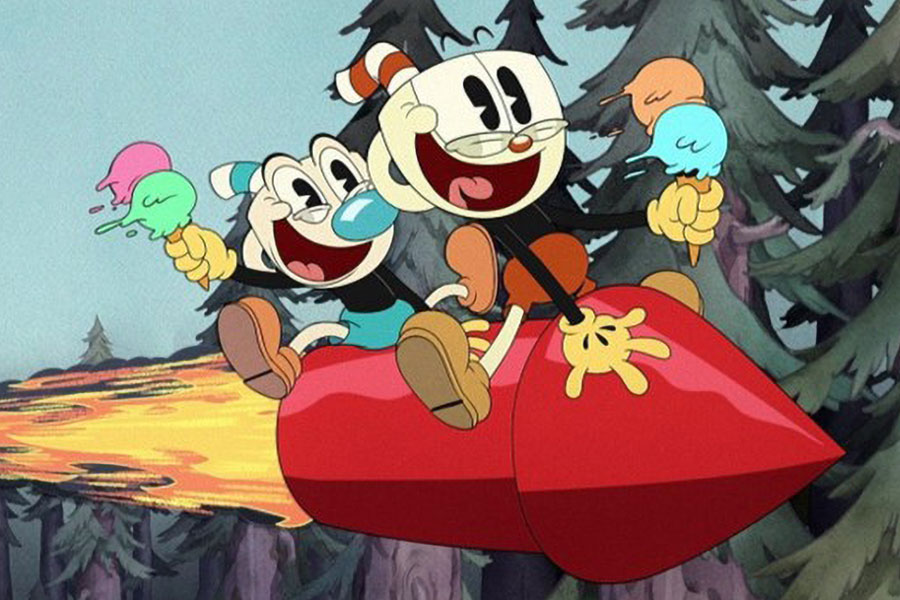 picture of cuphead and mugman riding a rocket in “cuphead” one of the The World's Hardest Games