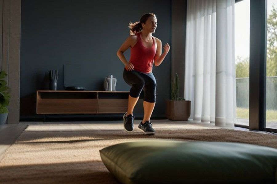  woman working out in her room. there’s so many exercises to do while playing video games.