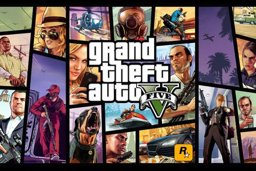 a Picture of Grand Theft Auto V with its many Characters, One of the best games to stream on twitch 2024.