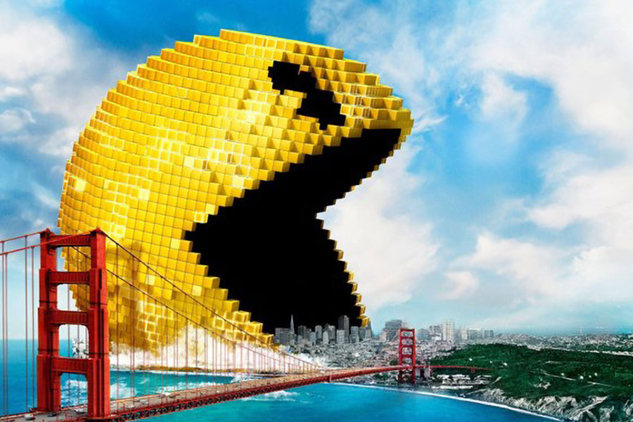 one of the official posters of Pixels movie with an alien in the shape of Pacman.