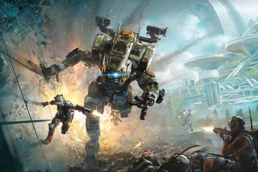 The Official Picture of Titanfall 2 with its main characters and his titan, One of best war multiplayer games for ps4.