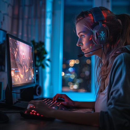 a Gamer in front of her setup trying on how to improve gaming laptop battery life.