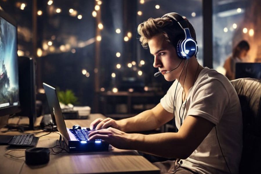 a Gamer in front of his setup in a Distraction-Free Environment.