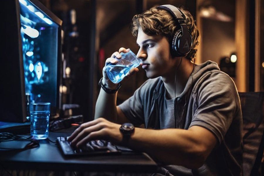 a Gamer in front of his setup drinking water stay Hydrated, one of great ways on how to improve gaming reaction time.