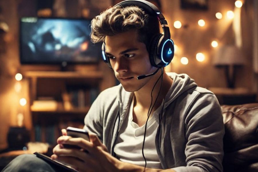 a Gamer in front of his setup checking his phone for feedback, one of best ways on how to improve gaming reaction time.