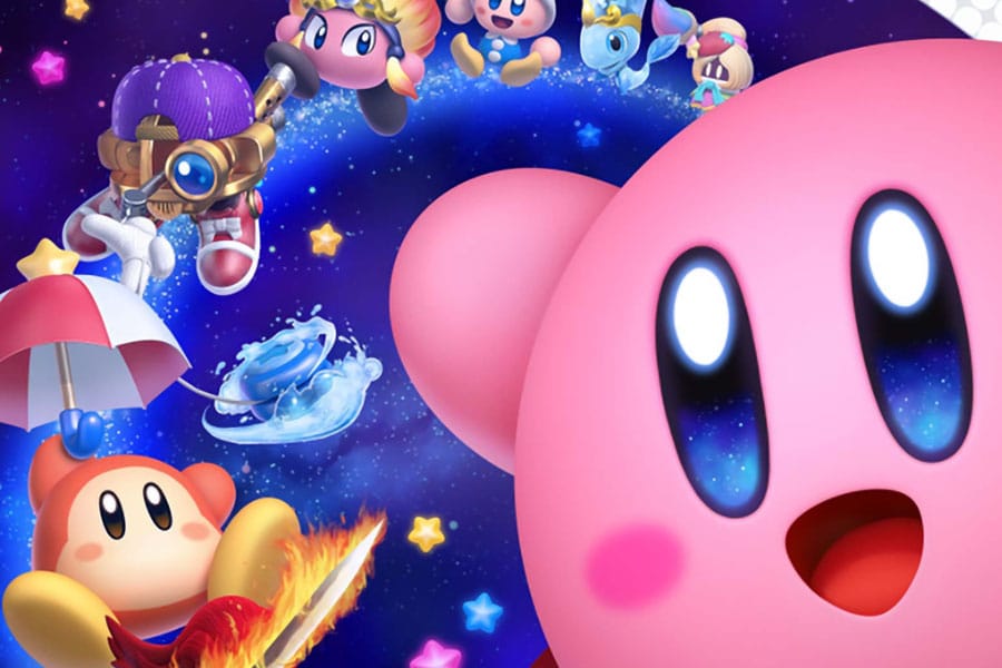 The Official Picture of Kirby Star Allies with kirby and other characters, One of Nintendo Switch Games for kids.