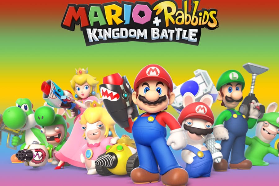 The Official Picture of Mario + Rabbids Kingdom Battle with its many characters, One of Nintendo Switch Games for kids.