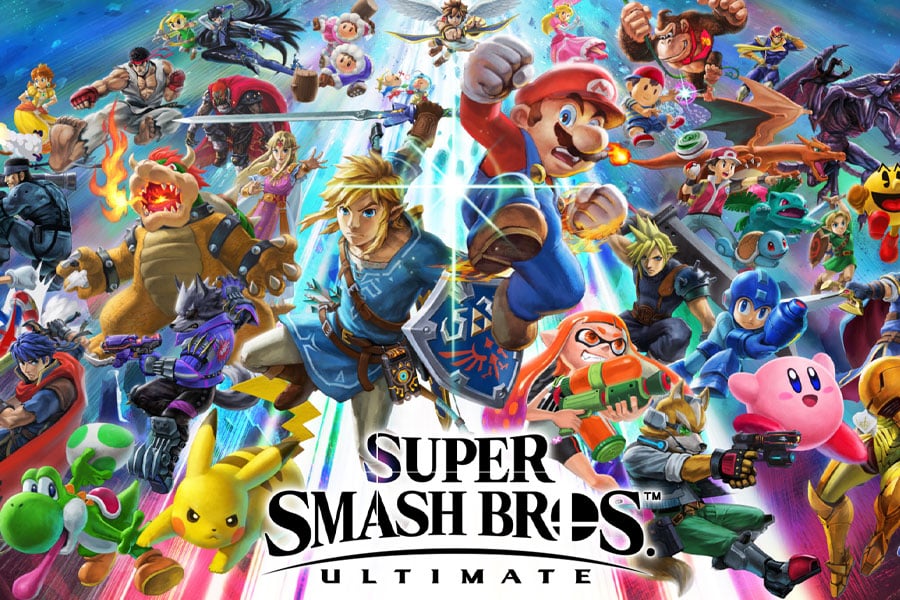 The Official Picture of Super Smash Bros. Ultimate with its cast of characters, One of Nintendo Switch Games for kids.