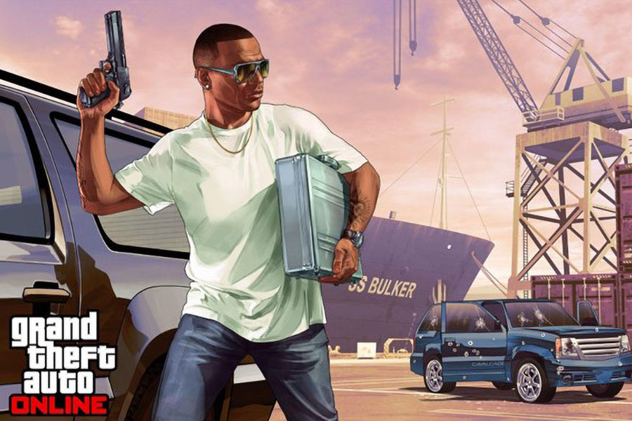 an official art of GTA Online, showcasing a gangster, one of the best trending online games 2024.