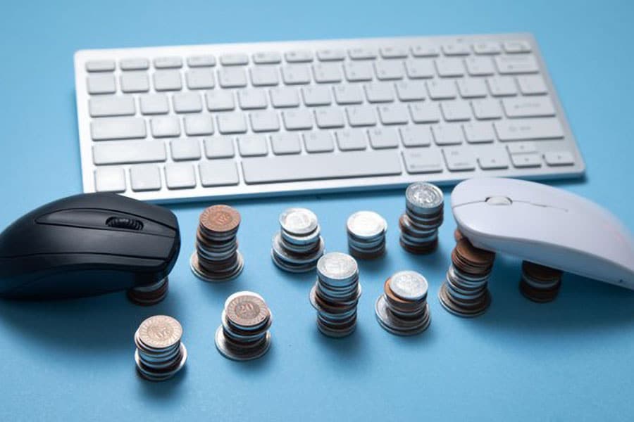 Picture of Two Mouses and a Keyboard With coins around them.