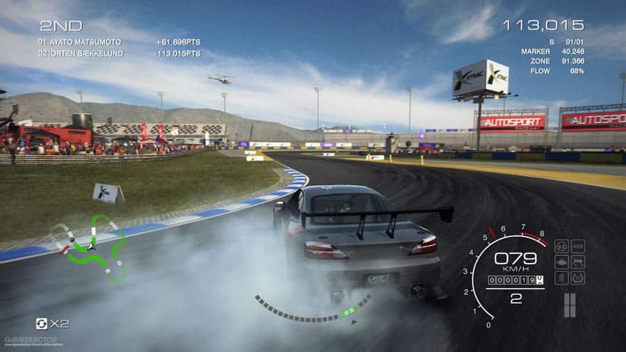 A picture of the game, showing a car drifting.