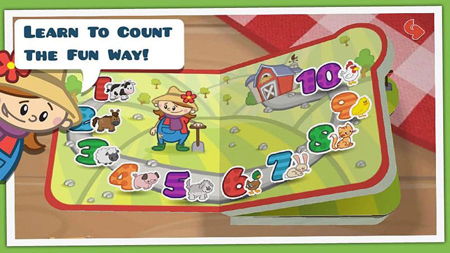 Screenshot of Farm 123 showing farm animals and counting activities.