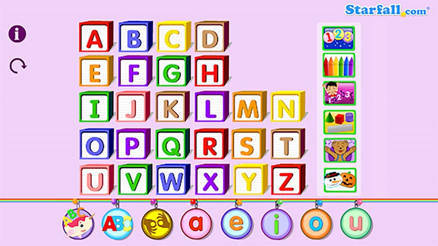 Screenshot of Starfall ABCs showing interactive alphabet learning activities.