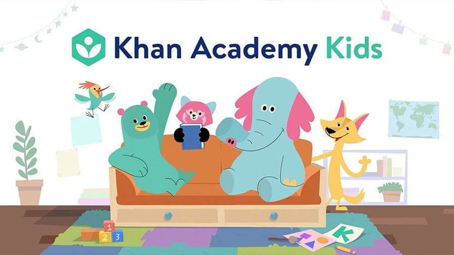 Screenshot of Khan Academy Kids featuring adorable animal characters in learning activities.