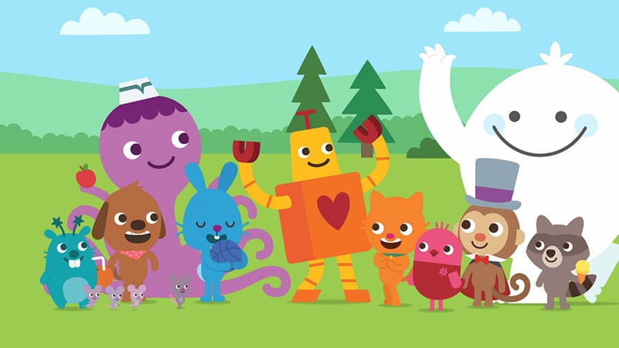 Screenshot of "Sago Mini Friends" with animal characters and a house scene.