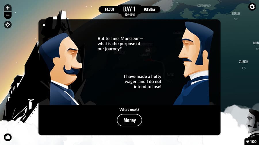 Screenshot of "80 Days" showing a travel map and journey options.