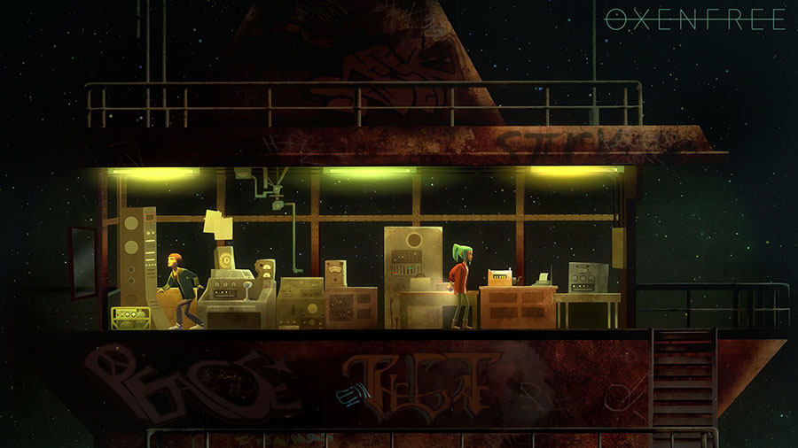 Screenshot of "Oxenfree" showing characters exploring a haunted island.