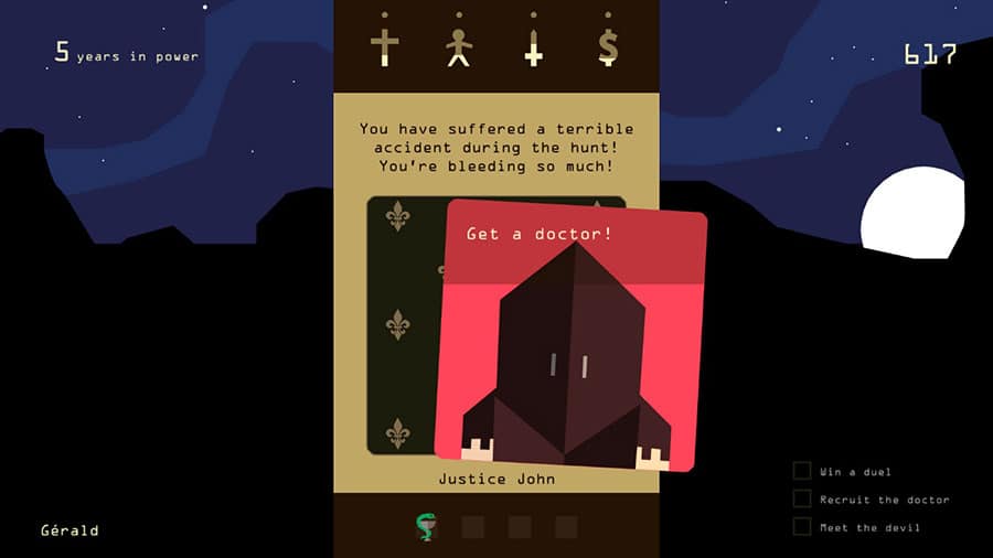 Screenshot of "Reigns" showing a decision-making interface with cards.