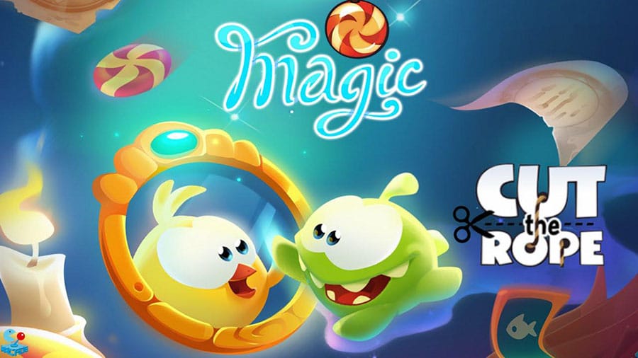 The Official Picture of Cut the Rope: Magic with its characters, One of best iphone puzzle games for airplane mode.