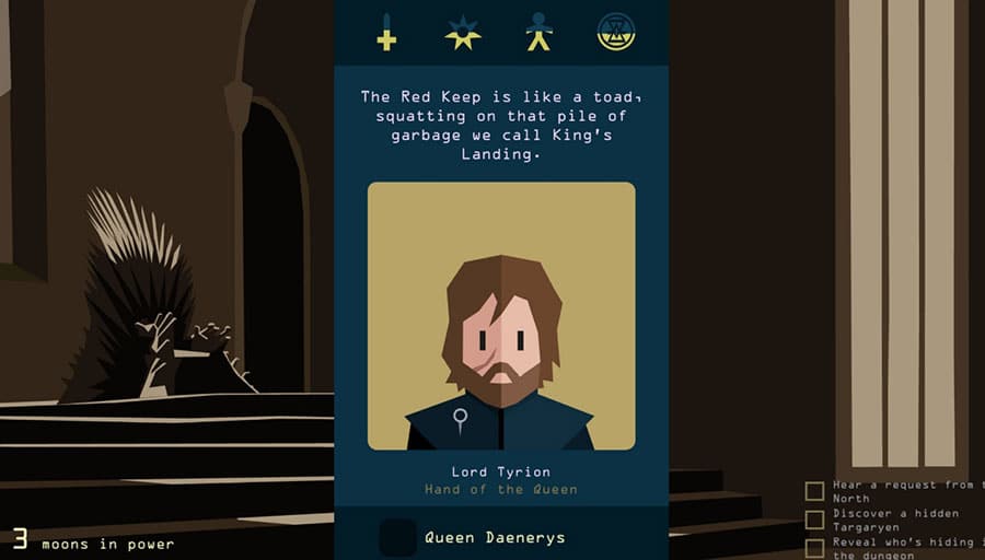 Screenshot of "Reigns: Game of Thrones" showing a decision-making screen with character portraits.