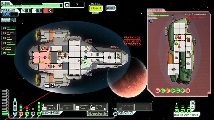 Screenshot of "FTL: Faster Than Light" with a spaceship control interface.