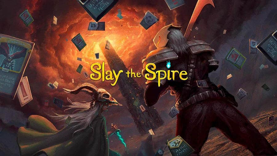 The Official Picture of Slay the Spire with its characters, One of best turn based strategy games on steam.