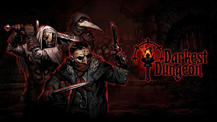 The Official Picture of Darkest Dungeon with its characters, One of best turn based strategy games on steam.