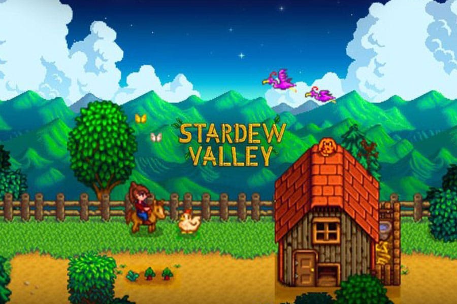 A poster of Stardew Valley showing the game’s environment, its logo and a few characters.