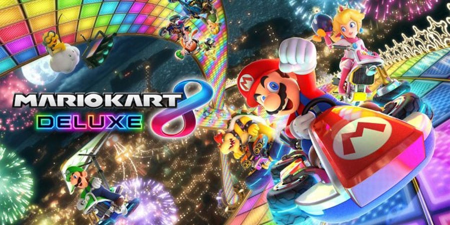 The Official Picture of Mario Kart 8 Deluxe Featuring Mario and others, One of best video games for 5 year olds.